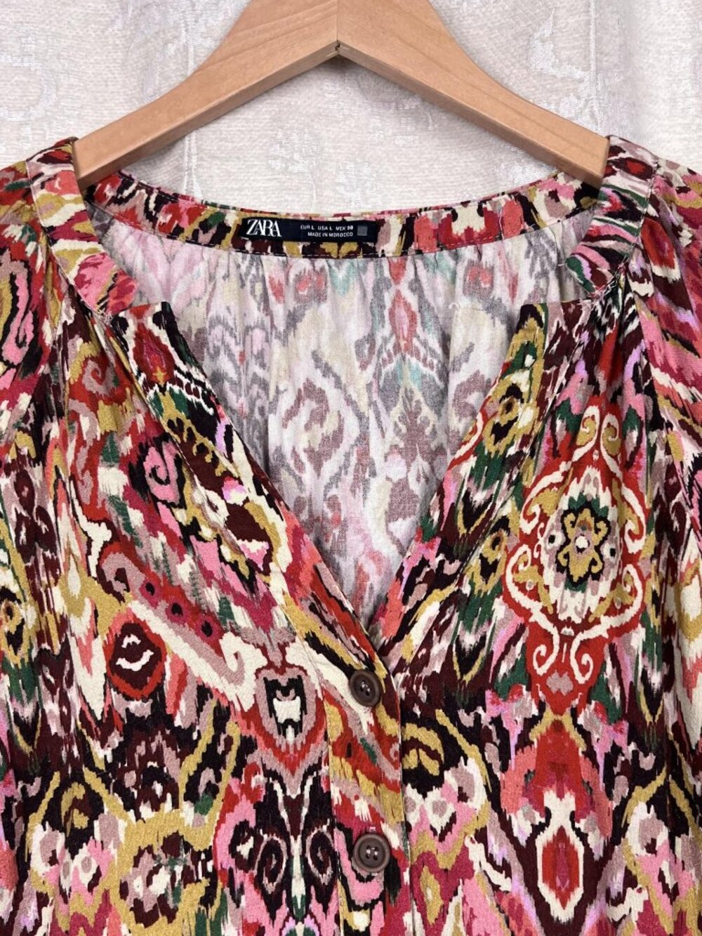 Zara ikat swirl caftan maxi dress side slit flowy boho colorful linen blend L - Picture 3 of 9